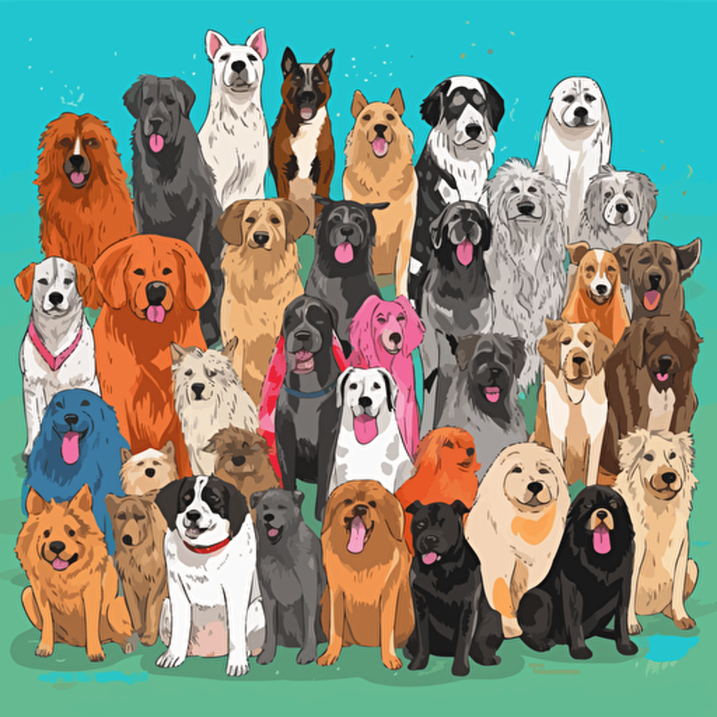 doodle drawing of a large group of cute dogs of various breeds using flat vector drawing in bright colors