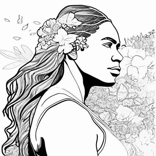 SERENA WILLIAMS png outlined vector for coloring with backgroung flowers, planets and nature