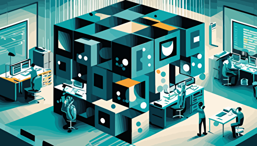 a stylised office space with workers wearing vr headsets linked to a hovering data cube, vector illustration,