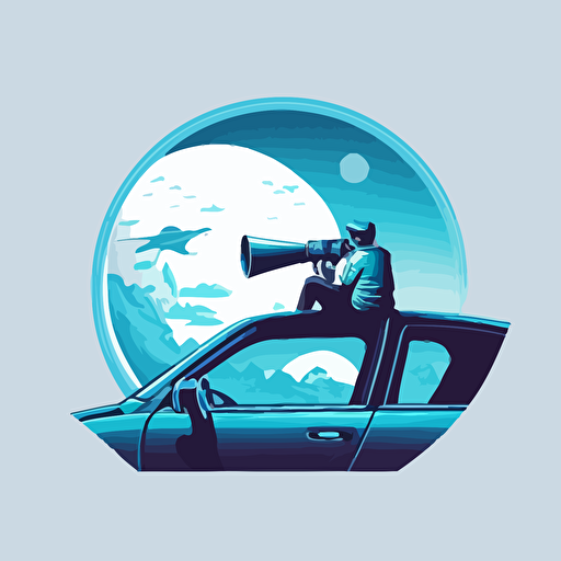 a person sitting in a car holding a telescope, vector art, adobe illustrator, simple, minimalism, white background, blue colors