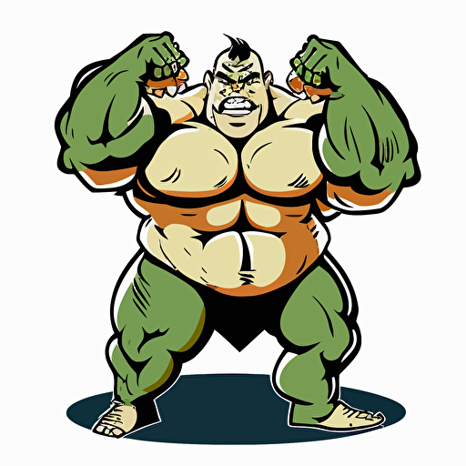 funny ogre dressed as sumo wresler, in bad part of city, vector logo, vector art, emblem, simple cartoon, 2d, no text, white background
