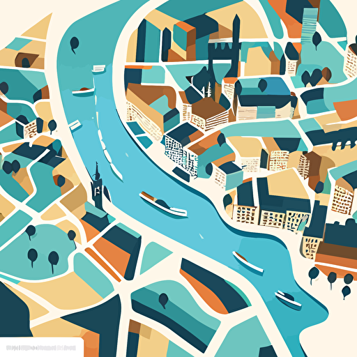 flat 2d vector map of a city with a river in the middle , two colors, white backgrund
