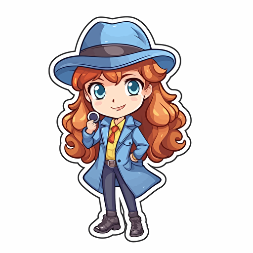 Sticker, Happy Colorful female detective, long reddish auburn, blue eyes, kawaii, contour, vector, white background