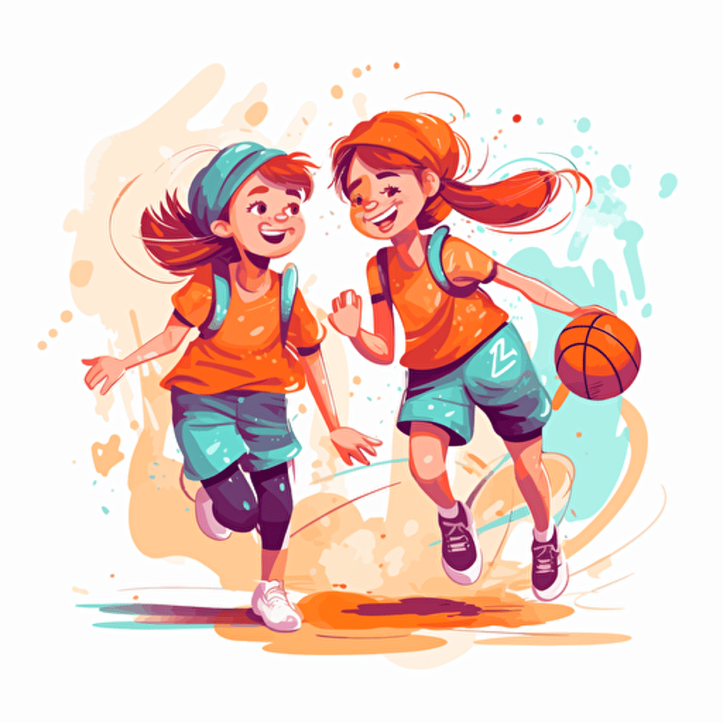 Vector illustration, of two beautiful happy 9 years old girls playing basketball, in vivid colors with white background