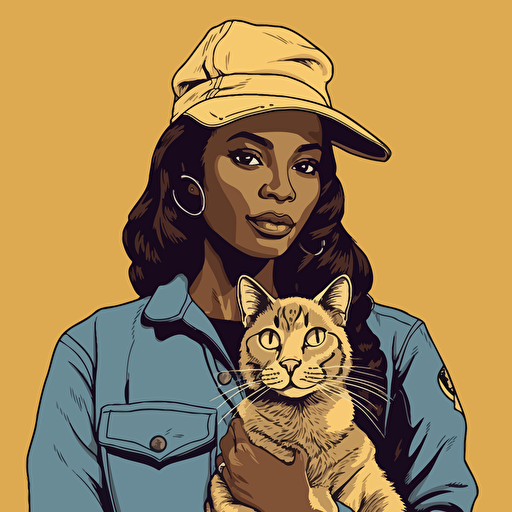 vector art style, 28 year old black female designer, holding a cat, in the style of Michael Parks