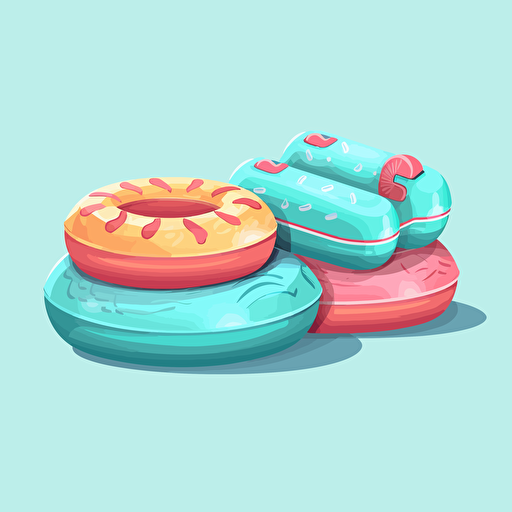 illustration of three pool floats, in fun colors, on a light blue background that looks like pool water, vector style, clipart style, cute style