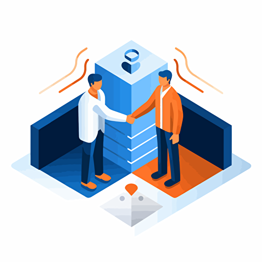 flat vector icon, expert partnerships, blue and orange and white and dark gray, isometric