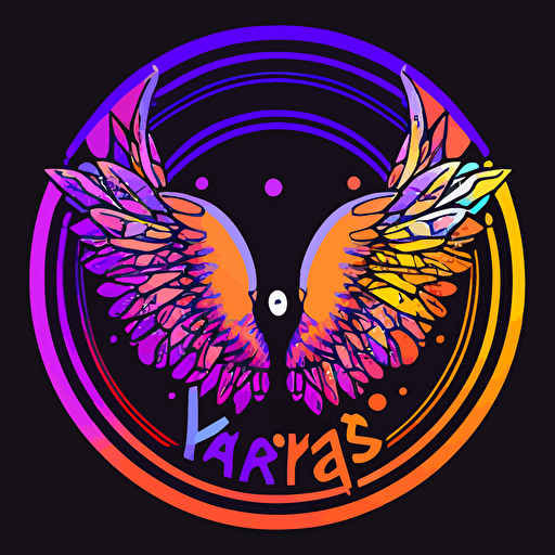 logo for young digital artist Artariyes in Takashi Murakami style, no faces, vector, wings, gradient purple orange