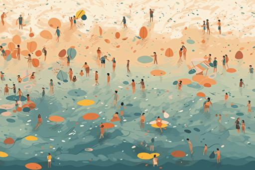 Flat vector-style :: A group of people at a beach :: The beach is filled with blue and magenta jellyfish floating in the water :: The shot is from a low angle, looking up at the group of people standing in the water and surrounded by jellyfish ::