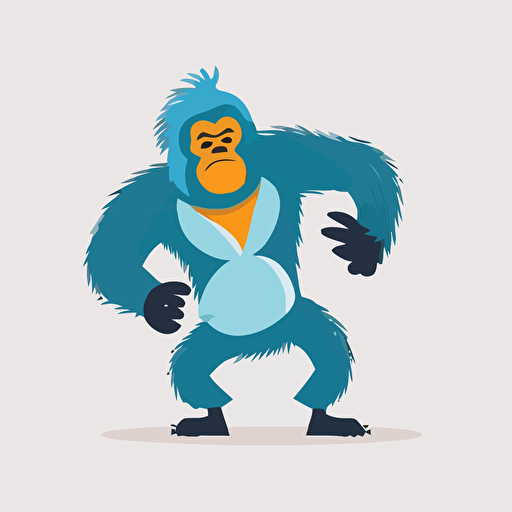 gorilla with blue furr, dancing alone, white background, illustrator, vector design, logo design, flat design, 2D, flat art, illustrator,