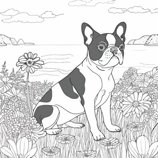 Happy cute boston terrier, big cute eyes, simple outline and shapes, coloring page black and white comic book flat vector, white background, sharp contours, strong line, landscape background, flower field background
