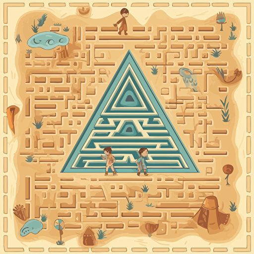 a kids maze game printed on a small aquare piece of paper featuring a pyramid and hidden treasure, illustrated in a simple vector style