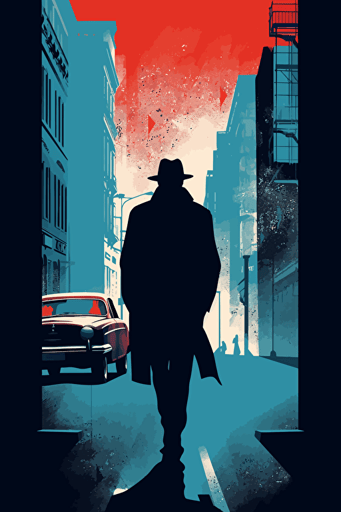 a gangster in black with a hat as he walks down the street, in the style of simplistic vector art, blue/red, cityscape, movie poster, maquette, stencil-based, mid-century illustration