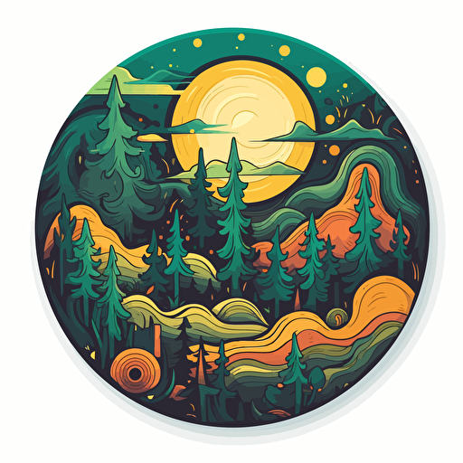 Vector logo sticker for a forest themed gift shop realistc, trippy, proffesional, happy, bright colors, the moon