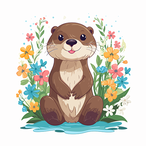 otter, flowers, detailed, cartoon style, 2d clipart vector, creative and imaginative, hd, white background