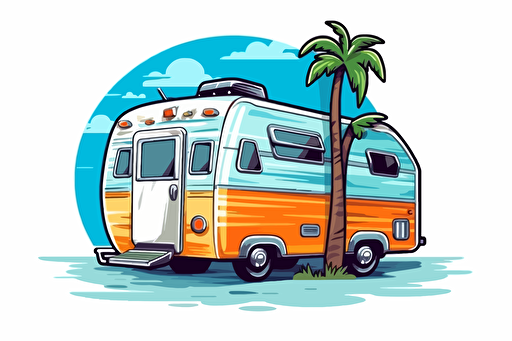 2d illustration, beach themed 1970's trailer simple vector colorful sticker