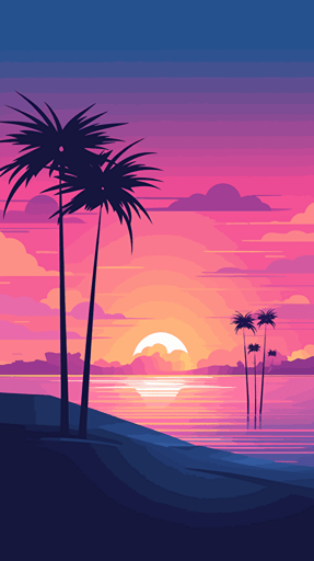 a minimalist vector illustration of a south florida golf course at sunrise, palm trees and ocean in the background, miami vice style colors