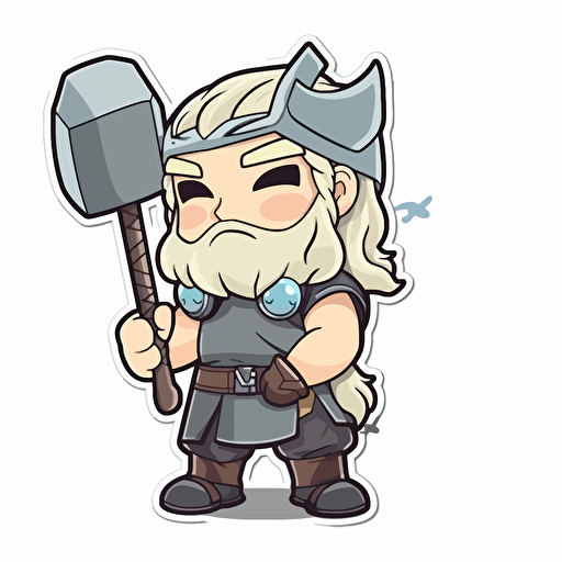 cute thor with mjölnir, Sticker, Lovely, Soft Color, Rough Charcoal, Contour, Vector, White Background, Detailed