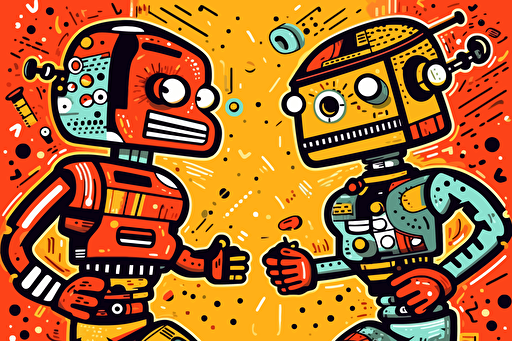 robots fighting scene in the style of keith haring, high-quality 16k, vector art,