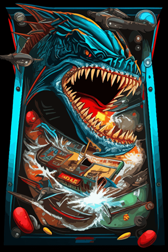 1990 pinball playfield art, gorilla fighting a shark, vector style