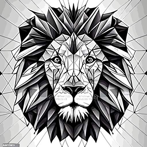 black and white symmetrical geometric lion face 2d vector art
