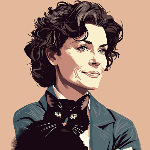 vector art style, 52 year old white female exec, short dark curly hair, holding a cat, in the style of Michael Parks