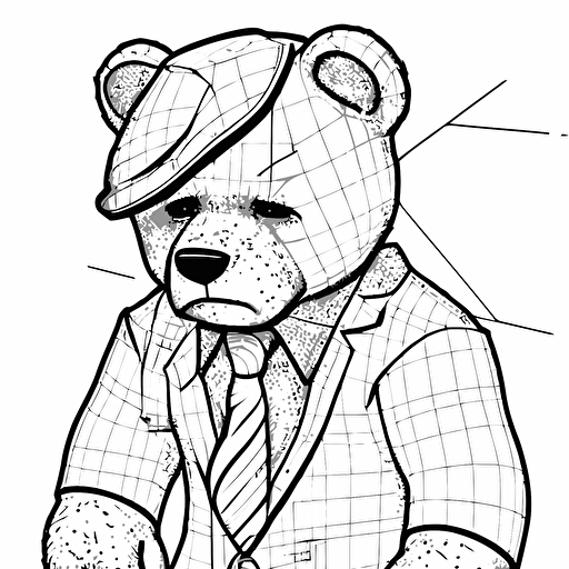 gangster teddy bear, scars, scar in face, tron pice of ear missing, vector, coloring page