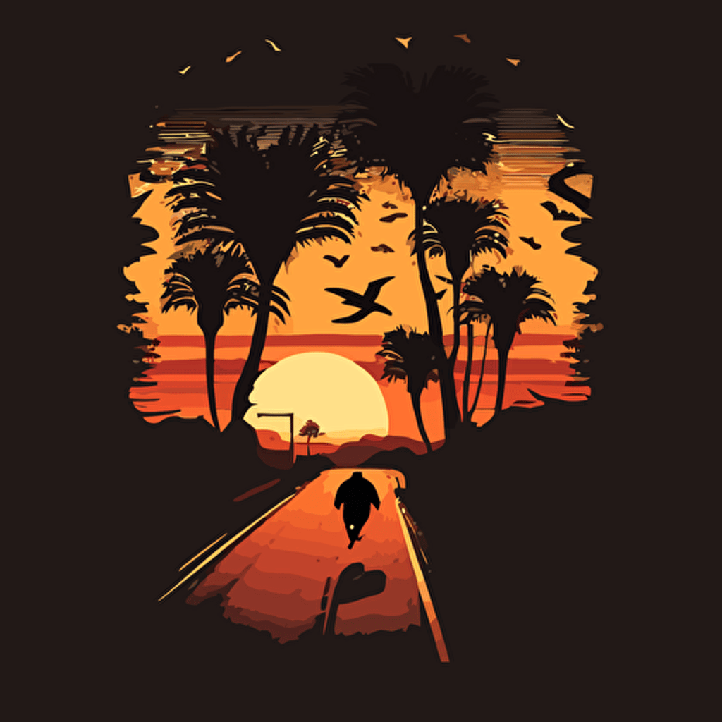 riding a cruiser skateboard down the California coast, vector art, minimal, palm trees, sunset