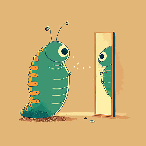 Caterpillar looking into mirror at future himself as being butterfly, vector illustration