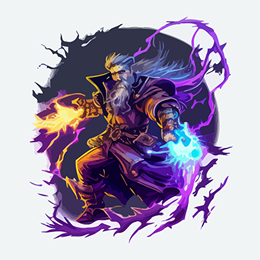 A_emblem_logo_for_a_Old Mage with a staff in an action pose:: Lightning in the background, code style, color, vector, c 100