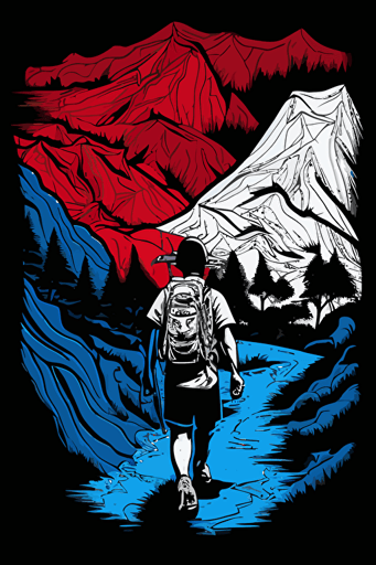 hiking map, blue, red and white colors, pop art deco illustration, hand vector art, black background,
