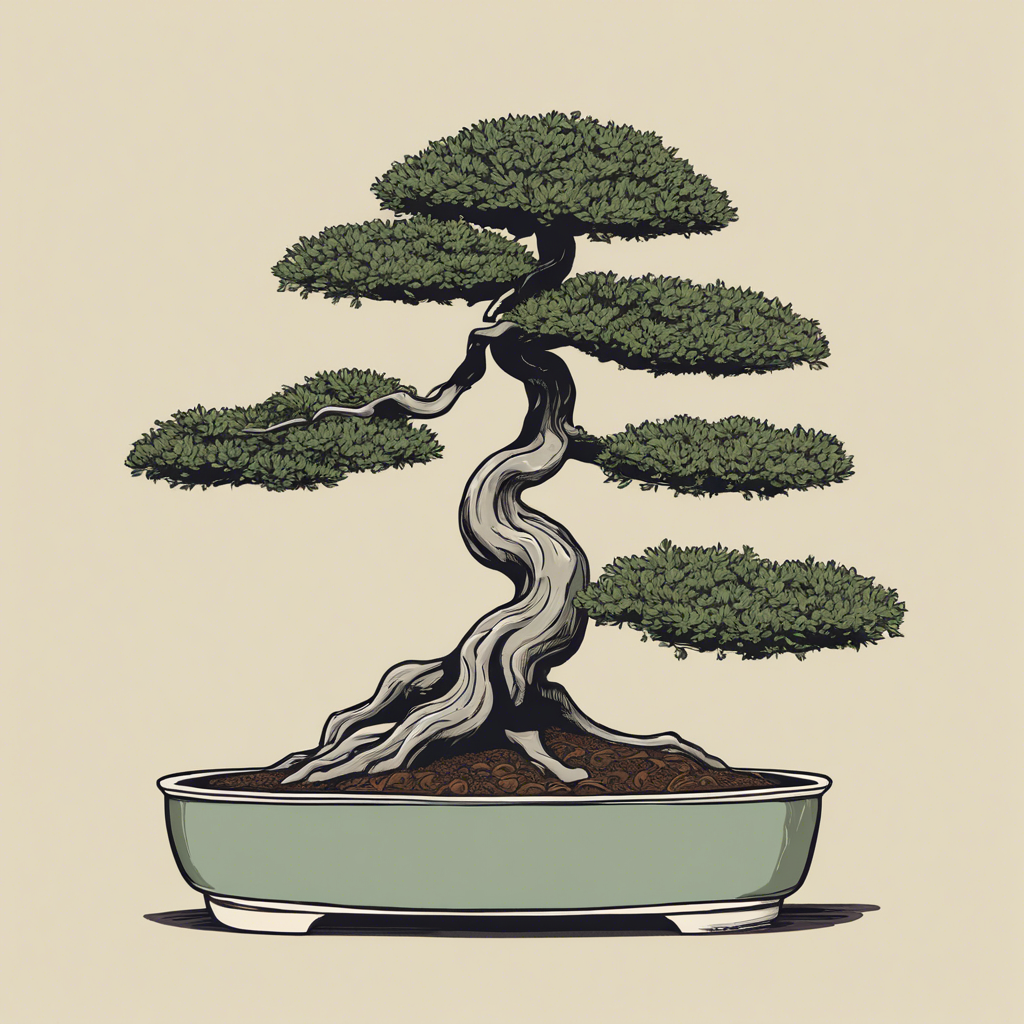 Bonsai tree in a ceramic pot., illustration in the style of Matt Blease, illustration, flat, simple, vector