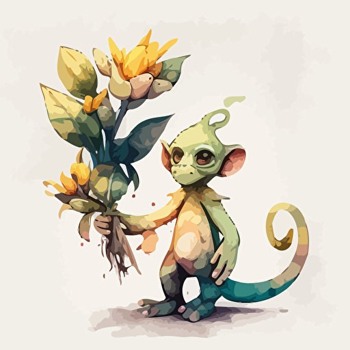 an anthropomorphic banana holding a monkey-plant hybrid in its hand, vector art , watercolor