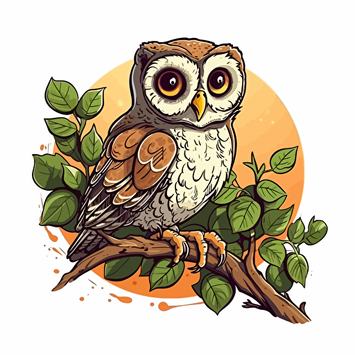 A delightful cartoon owl on a branch, showcasing a wide-eyed and curious owl perched on a branch with leaves, Artwork, vector illustration,