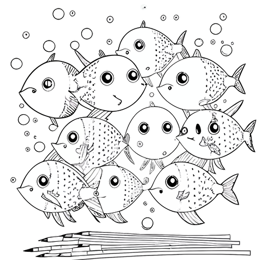 simple cute fishes at school, to color for kids, black and white, lineart, thin line, clear edge, vector