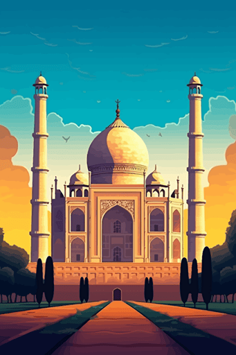 taj mahal, honeycomb style, bright lighting, summer vibrant colors, blue sky, sun in sky, faint clouds, front view, flat,vector,