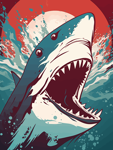 vector art of a shark roaring, red, white and turquoise lighting, 300 dpi,
