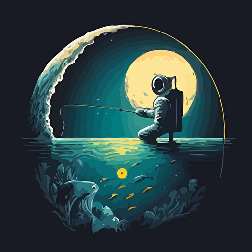 astronaut fishing in the sea of ​​calm on the moon, cartoon illustration, vector