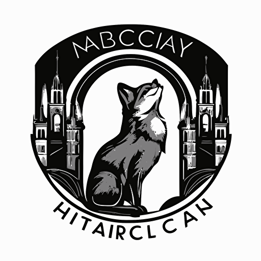 a creative logo for "McCarthy Choral", with a fox and a cathedral, black and white, flat vector