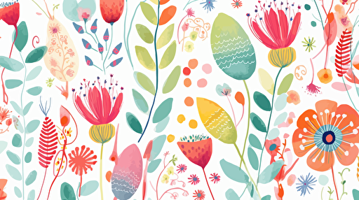 whimsical flower in Watercolor pattern in the style of nursery artwork. Bright, sweet. Highly Detailed, vector, render, intricate, cute, adorable, lovely. Seamless pattern repeat.