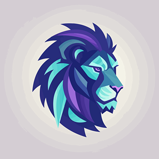 flat, vector, logo, lion head, chin up, confident, facing right, modern, blue, white, purple