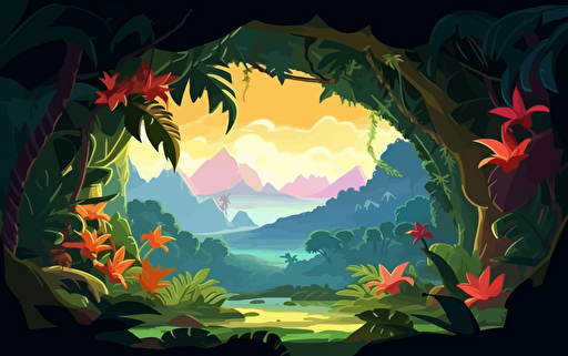 Looking out from the inside of a tropical cave, filled partially with vines and flowers, looking out into a vast landscape of lush jungle trees covered in vines and leaves with mountain peaks in background with the sun shining through the clouds high quality cartoon style warm lighting early morning vibe vibrant early spring dramatic lighting vector illustration