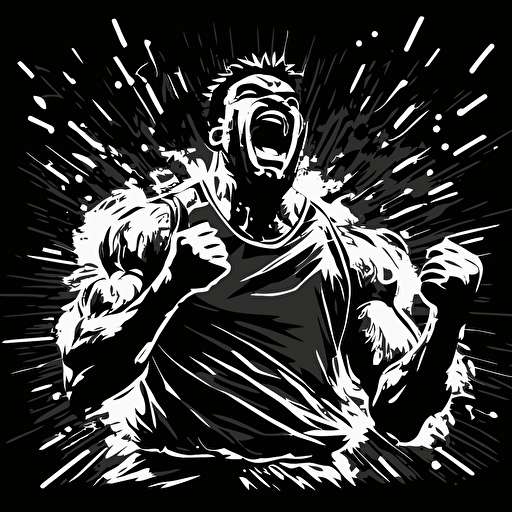 a vector style illustration in black and white of a basketball player facing front with clinched fists and winning expression