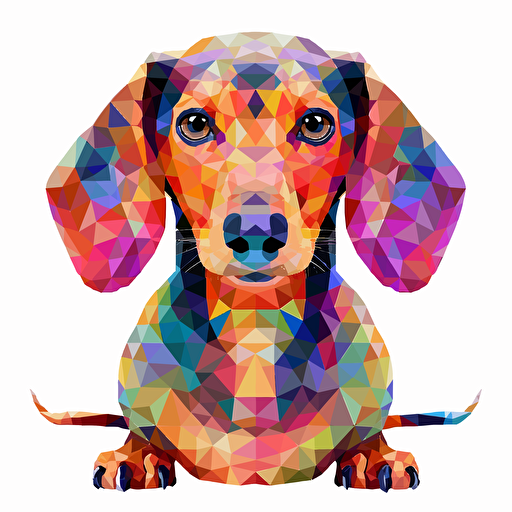 low res, colorful tiled daschund dog, vector art, white background