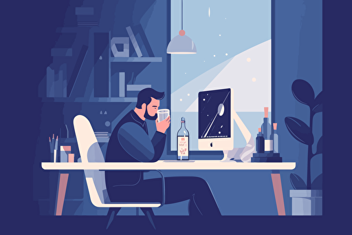 Person in an office drinking alcohol, flat style illustration for business ideas, flat design vector, industrial, light and magical, high resolution, entrepreneur, colored cartoon style, light indigo and dark indigo, cad( computer aided design) , white background