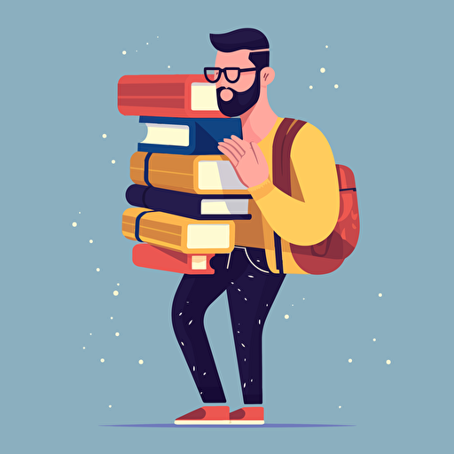 buff man wearing glasses and carrying a stack of books, flat vector style