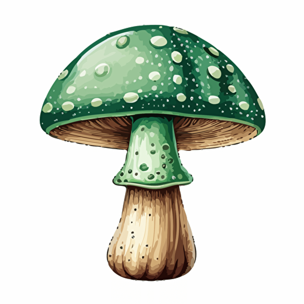 handdrawn green amanita mushroom, vector art, morandi colours, isolated white background