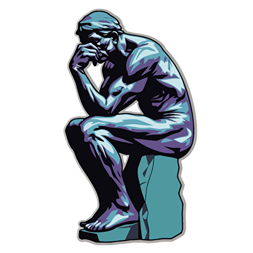 Sticker of The Thinker by Auguste Rodin, vector, in the style of Shepard Fairey, color purple teal black white, no shadow, white background