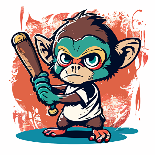 colorful vector art of a cute and angry baby spider monkey holding a baseball bat