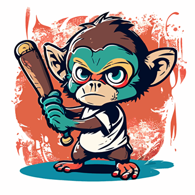 colorful vector art of a cute and angry baby spider monkey holding a baseball bat